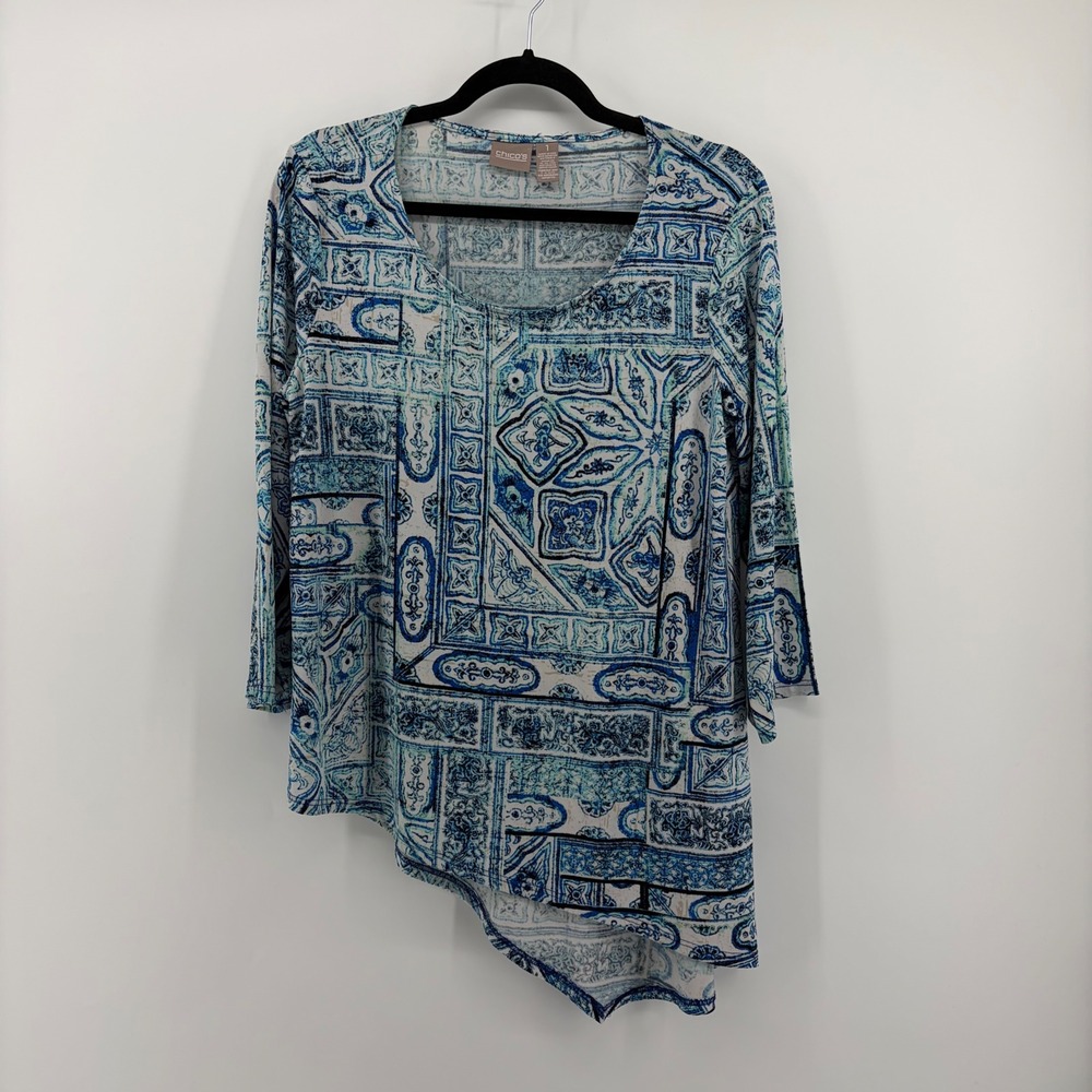 Chicos Blue White Pattern Asymmetrical Tunic Top Long Sleeve Women's 1 / US M